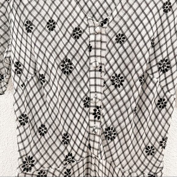 LoveShackFancy Coralie Puff Sleeve V Neck Midi Dress Charcoal Floral Plaid US 0 - Picture 9 of 12